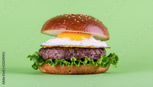 Minimal gourmet burger with grilled beef and fried egg isolated on green background for commercial food and menu design.