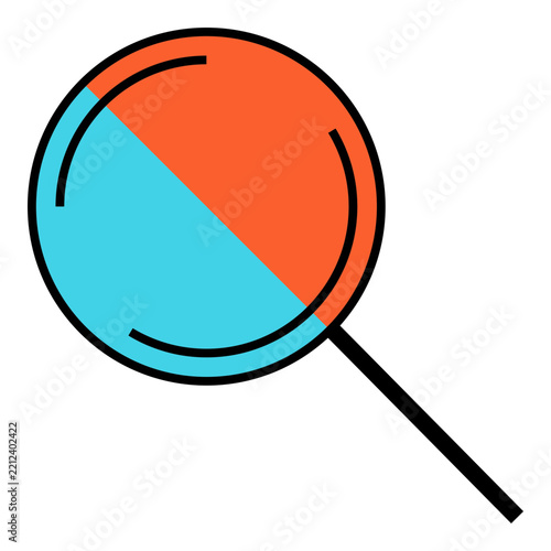 Colorful magnifying glass icon with orange and cyan circular sections, bold outlines, and a diagonal handle, representing search, inspection, analysis, discovery, and visual investigation.