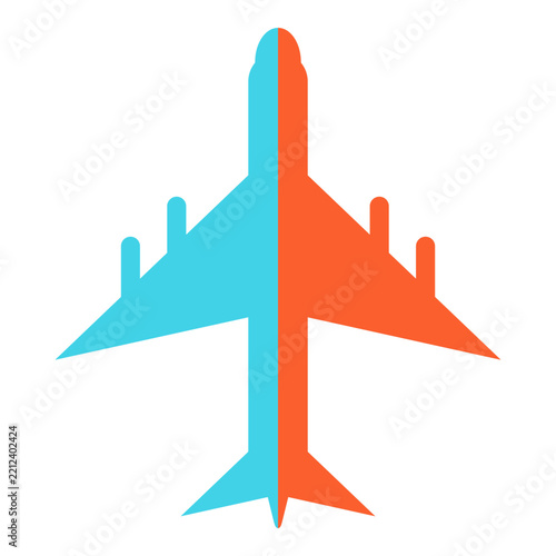 Stylized two tone airplane icon representing air travel, aviation, transportation, tourism, flight, and modern journey concepts with a clean geometric design.