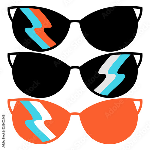 Set of three retro sunglasses featuring bold frames and colorful lightning-shaped lens accents, representing summer fashion, stylish eyewear, modern accessories, and vibrant pop art design.