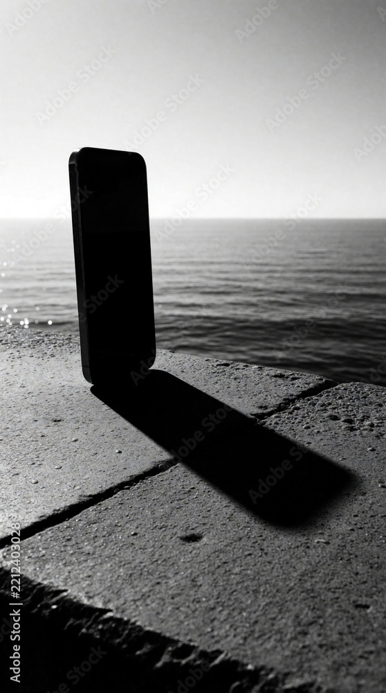 Fototapeta premium Black, white silhouette of smartphone on stone pier. Mobile device stands upright against ocean horizon background. Calm sea waves meet sky at coast. Minimalist tech concept with copy space for