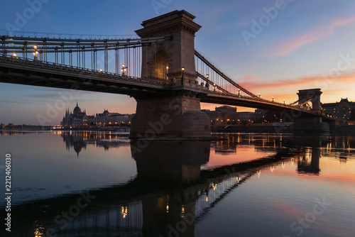 Chain Bridge and parliament building at Dawn in budapest Hungary