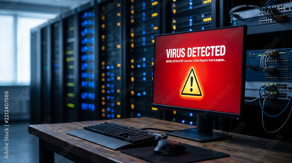 Computer monitor displaying virus detected alert in server room ...