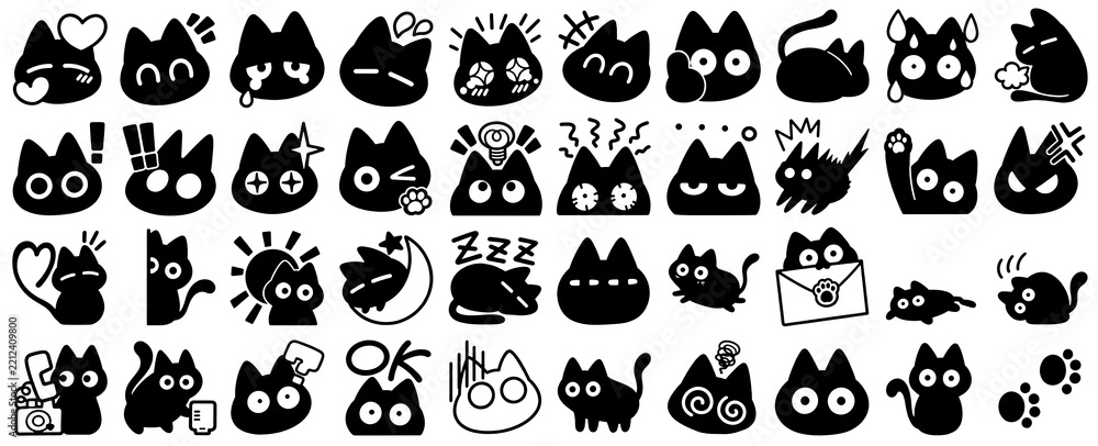 Fototapeta premium Black cat sticker set vector, cute cartoon cat expression icon, funny silhouette kitten emotion emoji collection, meow cat face character set, black cat silhouette element transparent background