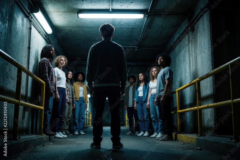 Fototapeta premium Diverse Gen Z group stands in dark concrete tunnel. Young adults look at man with worried expressions. Mental health struggle, social isolation theme. Sad people face depression, anxiety in moody