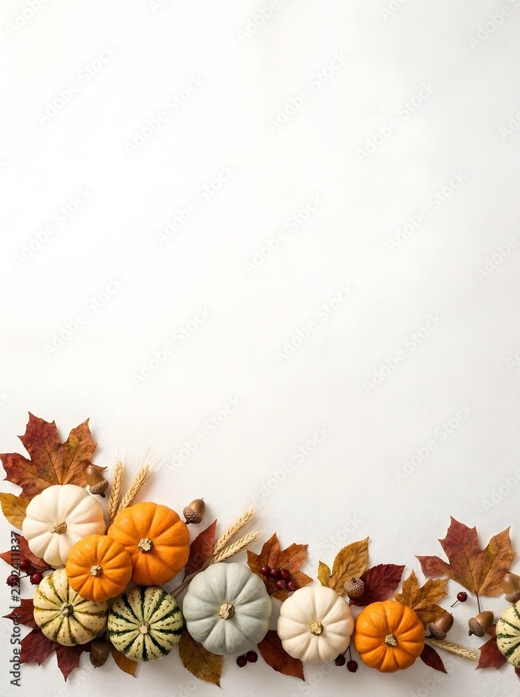 Fototapeta premium A festive thanksgiving border featuring pumpkins autumn leaves and a clean white background