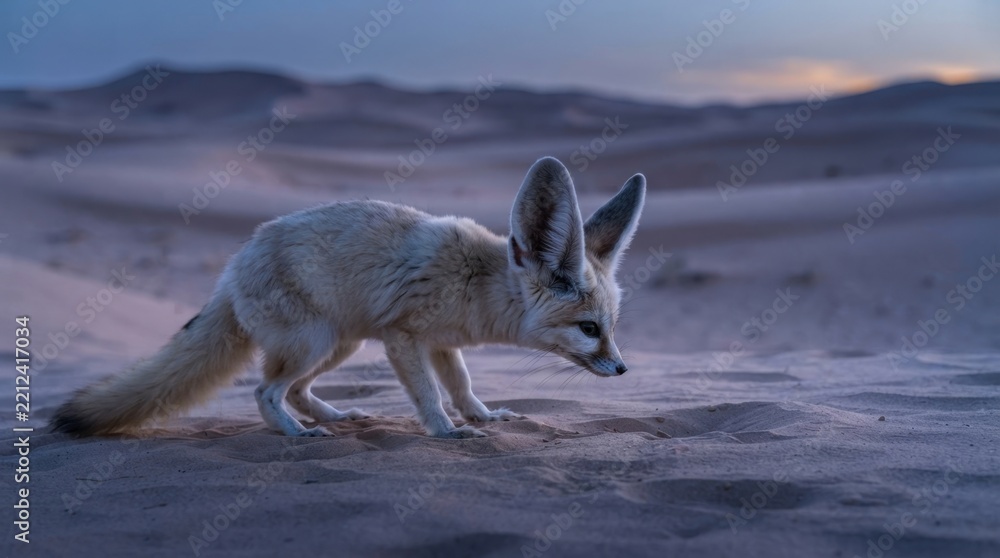 Obraz premium A fennec fox standing on the sand dunes of the Sahara desert during the quiet twilight hours