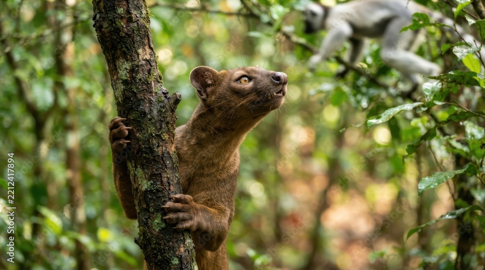 Fototapeta premium A fossa climbs a tree in the lush Madagascar rainforest with a lemur visible in the background