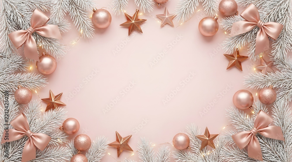 Obraz premium Rose gold Christmas ornaments with frosted pine on pink background