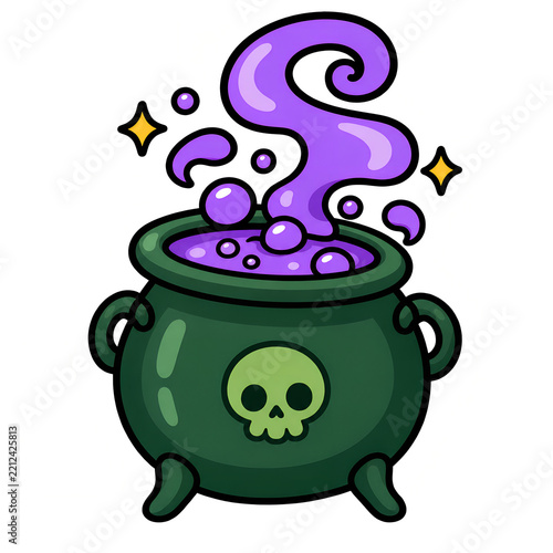 Witch cauldron with purple bubbling magic potion, cartoon green kettle skull brew Halloween sticker icon vector