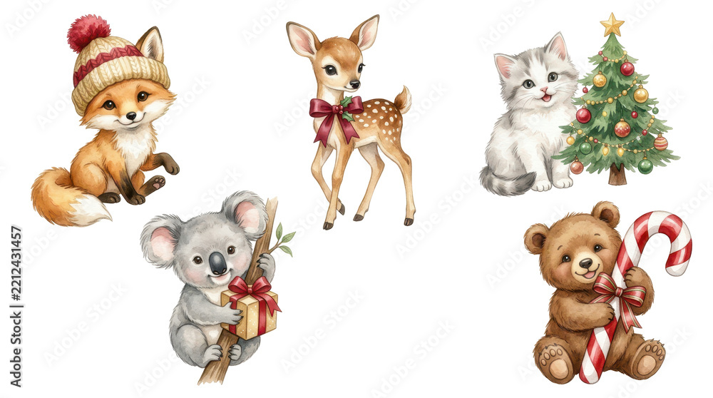 Fototapeta premium Cute watercolor Christmas animals collection with festive decorations and holiday elements