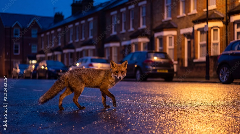 Fototapeta premium Red Fox Exploring Quiet City Street at Night