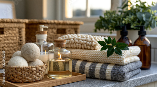 A detailed view of sustainable laundry essentials with reusable wool dryer balls, glass detergent dispensers and woven storage baskets in a bright utility room, soft natural lighting