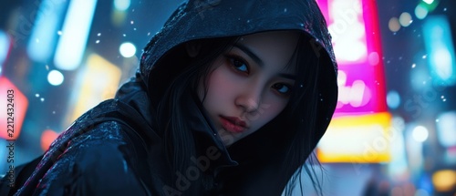 Woman in hooded jacket at night