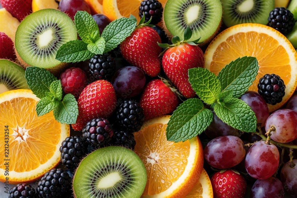 Naklejka premium Top view of fresh fruit salad on marble plate. Sliced kiwi, strawberries, oranges, grapes, blackberries mixed with green mint leaves. Healthy organic vegetarian breakfast bowl with juicy tropical