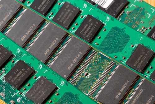 Fotografie Green computer memory module RAM sticks with 1 missing chip