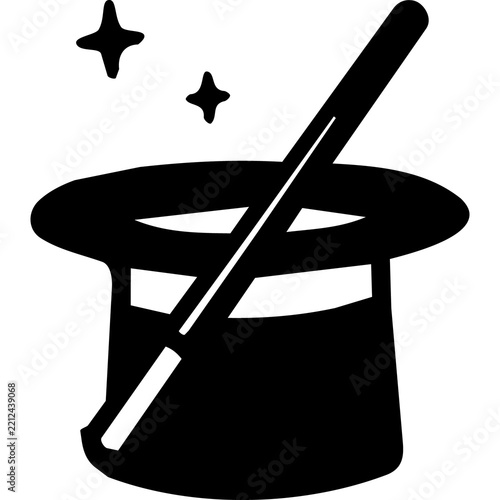 Black Magic Hat with Wand and Sparkles Icon on White Background