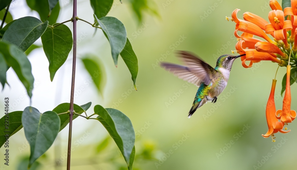 Fototapeta premium Hummingbird feeding on vibrant orange flower nectar in lush garden environment