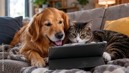 Dog and Cat Watching a Tablet Together