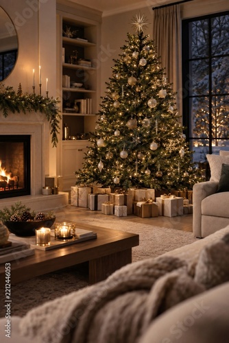 Elegant Christmas Living Room with Festive Tree and Fireplace