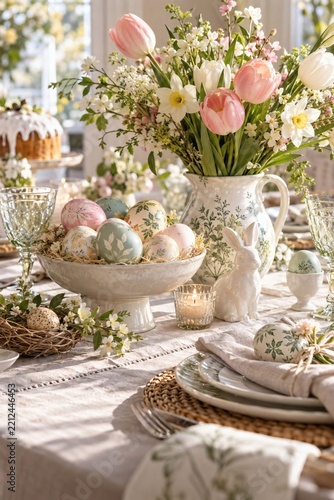 Elegant Easter Brunch Table Setting with Flowers