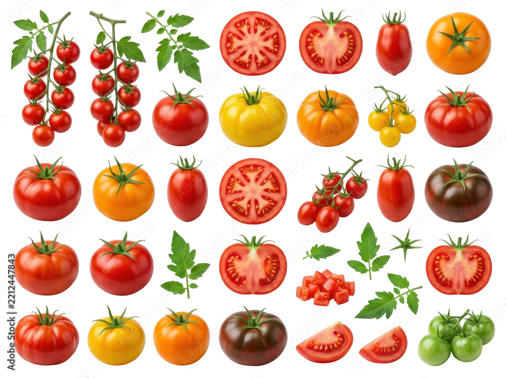 Fototapeta premium Collection of fresh ripe tomatoes in various colors and shapes isolated on white background