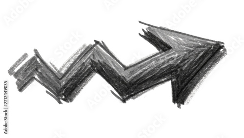 Hand drawn charcoal zigzag arrow pointing right, isolated on transparent background