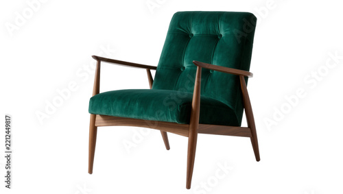 Deep green velvet armchair with tufted back and wooden frame, isolated on transparent background