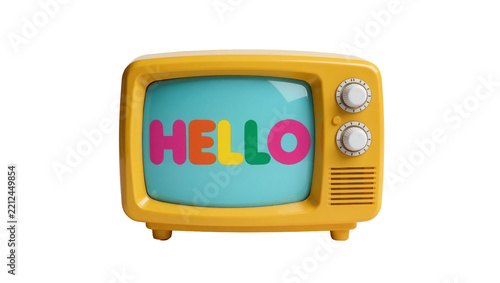 Retro yellow television displaying colorful HELLO text, isolated on transparent background
