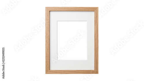 Natural wood picture frame with white mat, isolated on transparent background