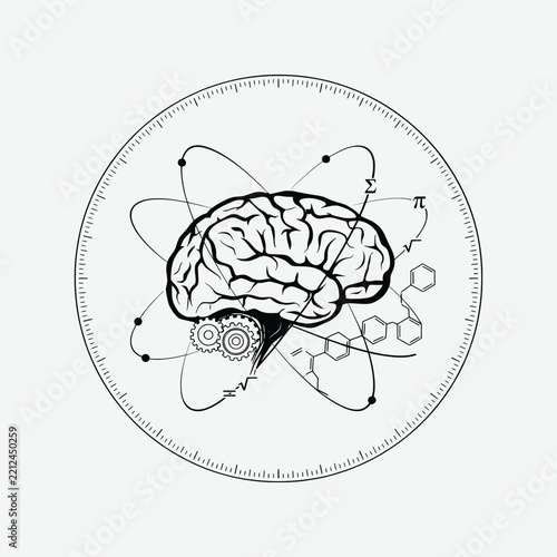 Human Brain with Atom Orbit, Gears and Science Formulas - Knowledge and Intelligence Vector