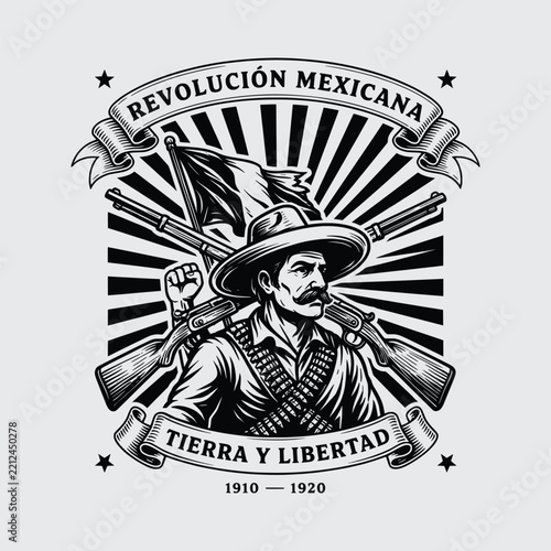 Revolución Mexicana 1910 Emblem - Mexican Revolution Soldier with Rifles and Flag Vector Badge