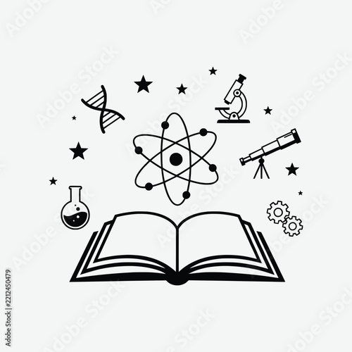 Science Education Concept with Atom, Open Book and Scientific Icons