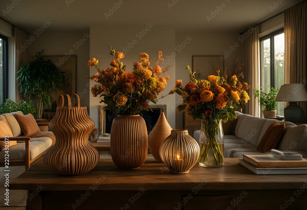 Fototapeta premium Interior design and home comfort, autumn floral arrangements in textured ceramic vases on a wooden table in a cozy living room with warm lighting