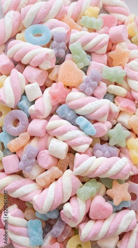 A colorful and whimsical assortment of pastel-colored marshmallows and gummy candies in various shapes