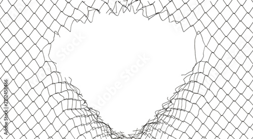 The texture of the metal mesh on a white background. Torn steel, metal mesh with holes