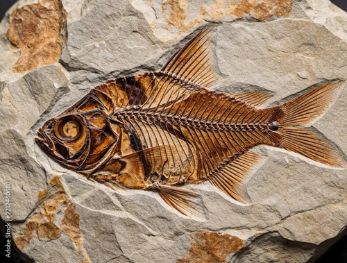 Macro view of ancient fish fossil embedded in heavy rock. Prehistoric marine animal skeleton shows detailed bones, fins in sandstone stone. Paleontology specimen from millions of years ago biological