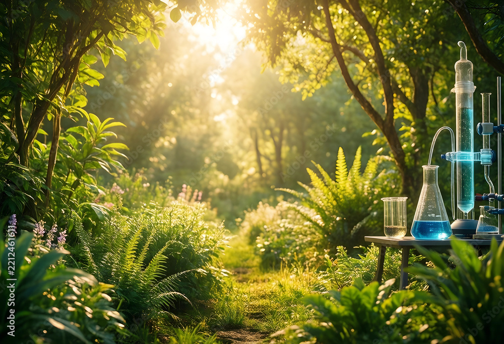Naklejka premium Biotechnology and sustainable science, laboratory glassware with blue liquid in a lush green forest with natural sunlight for environmental research