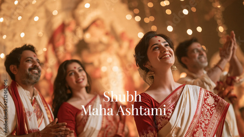 Photorealistic Bengali family celebrating Maha Ashtami at a Durga Puja pandal, women wearing elegant red-and-white sarees, men in traditional attire, natural joyful expressions,