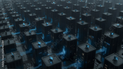 Dystopian Futuristic Cityscape of Glowing Blue Cuboid Structures
