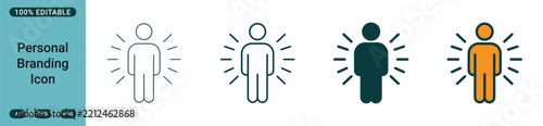 Personal branding icon set, featuring a stylized human figure with radiating lines representing individual identity and professional presence web icon set in linear style