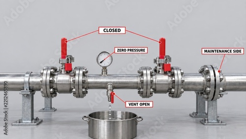 Double block and bleed pipe isolation with locked valves and open vent for safe maintenance
