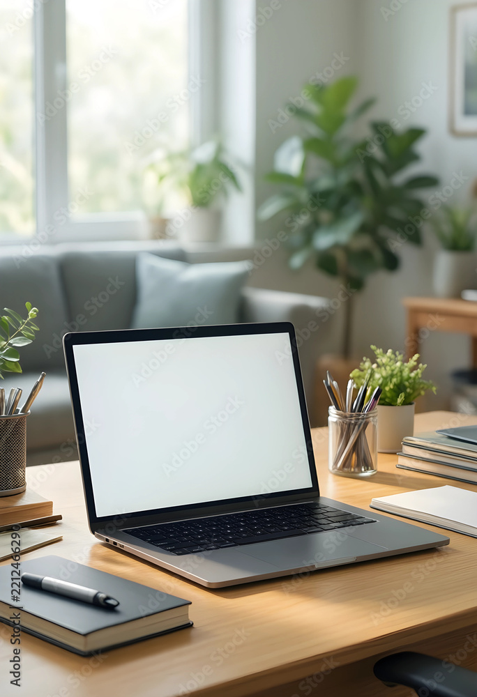 Fototapeta premium Remote work and digital nomad lifestyle, laptop with blank screen on home office desk for freelance business and online education with natural light