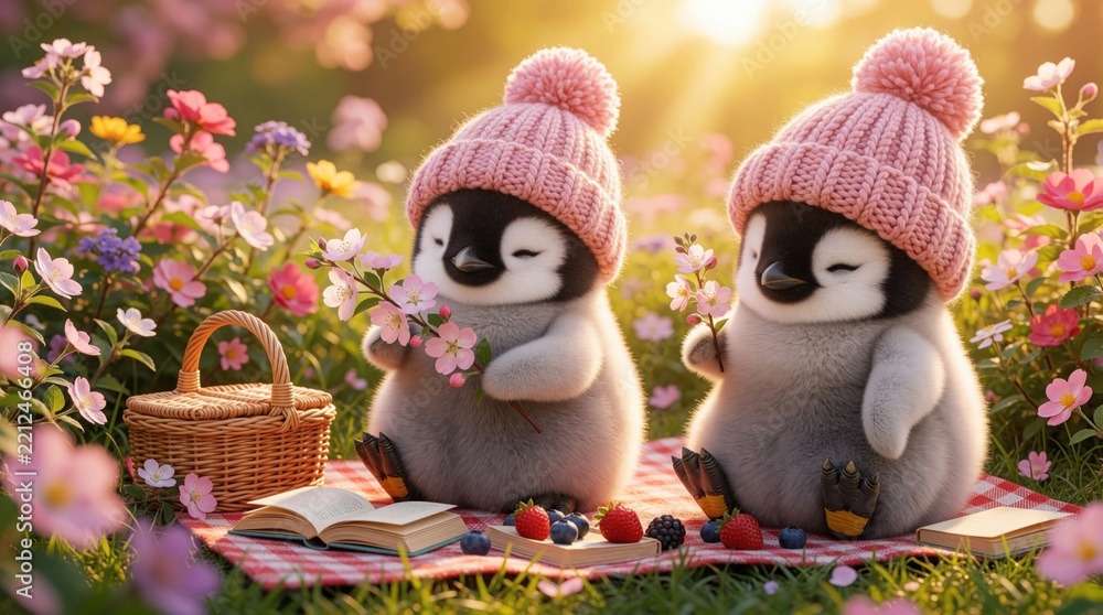 Obraz premium Two cute fluffy baby penguins wear pink knitted pom pom hats. Sit on picnic blanket with basket, books, berries in blooming spring garden. Adorable birds enjoy sunny outdoor snacks near colorful