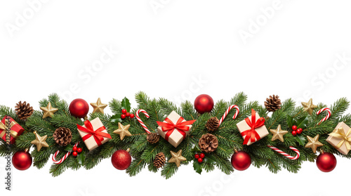 Festive christmas garland border decorated with pine branches gift boxes red baubles golden stars candy canes and pinecones isolated on transparent background