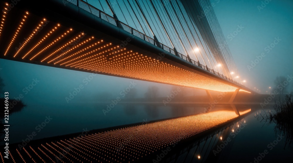 Naklejka premium Modern suspension bridge with glowing orange LED lights over calm river at night. Futuristic steel structure shines in thick fog. Beautiful urban architecture reflects in dark water during misty