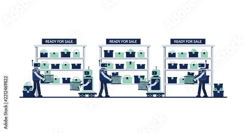 Automated Warehouse Robots Stocking Retail Shelves for E-commerce Fulfillment Illustration