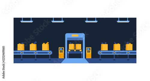 Automated Grocery Logistics Warehouse Illustration with Food Bags on Conveyor Belts