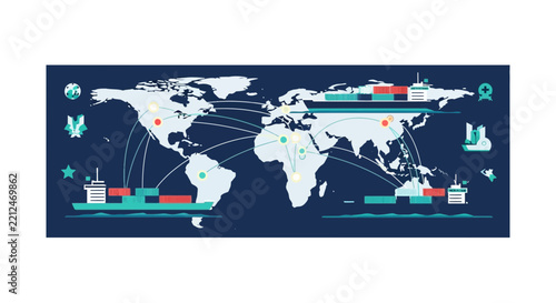 Global Logistics and Supply Chain Illustration with World Map and Cargo Ships