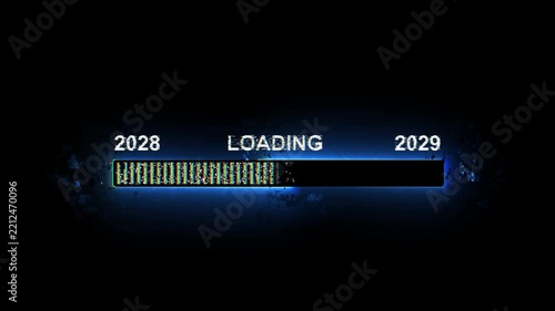 Neon blue digital 2028 to 2029 new year loading bar with glitch effect and progress indicator for futuristic technology interfaces.4k motion video graphics